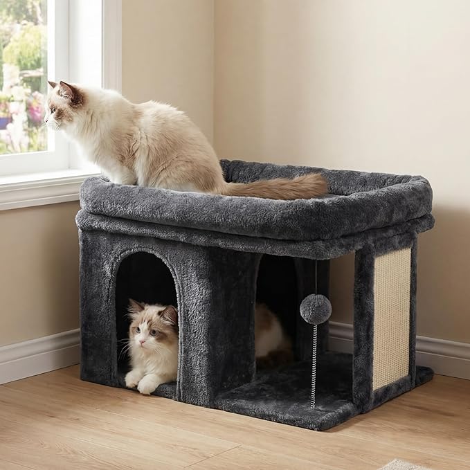 Heybly Cat Tree, 14" Cat Tower with Large Cat Bed & Condo HCT203SG | Cat Furniture for Indoor Cats Large Adult, Cat House with Scratching Posts and Spring Balls for Kittens, Smoky Gray