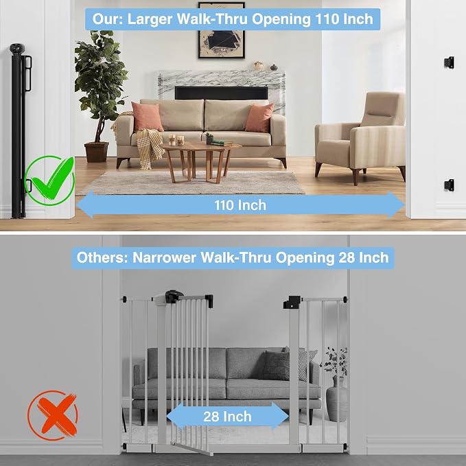 PRObebi Retractable Baby & Dog Gate - Extends to 110" Wide, 34" Tall, for Stairs, Doorways, Hallways, Outdoor, Deck, Porch