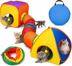 Rypet Cat Toy Tunnel and Cubes Bundle, Play Tubes for Indoor Cats,Rainbow | 3-in-1 Tunnel Cubes Tent, Crinkle Tube for Play, DIY Shapes, Ball and Bell for Play, Tear-Resistant Polyester, Folds Flat