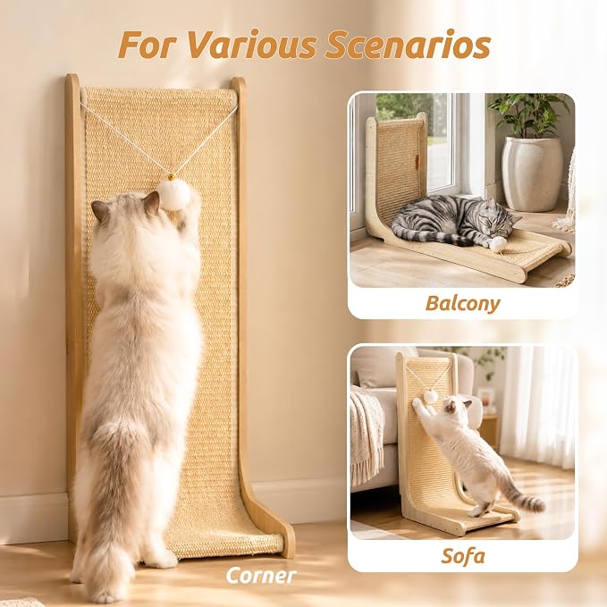 26.8" Sisal Cat Scratchers with Bell Plush Balls,Wooden Furniture | L Shaped Scratching Post for Indoor Cats,Vertical Cat Scratcher Board Natural Sisal Scratcher Pad to Protect Furniture