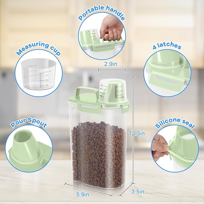 TBMax Small Dog Cat Food Storage Containers 2 Pack, Travel-Friendly Pet Food Container with Spout & Measuring Cup, Kid-Friendly Pet Feeding Dispenser, Portable Dog Treat Bird Seed Container
