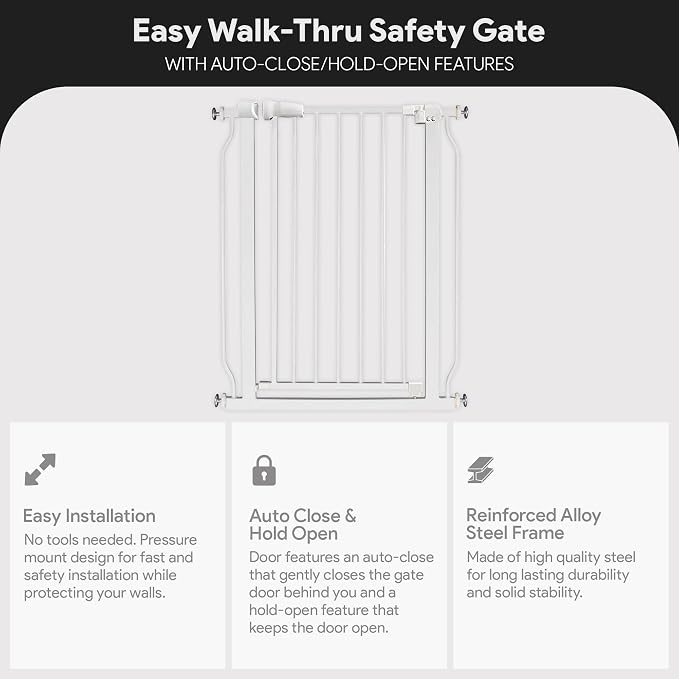 BalanceFrom Easy Walk-Thru Baby Safety Gate, Fits 29.1" to 33.8" Openings | with Hold-Open and Auto-Close – Adjustable Steel Barrier for Stairs, Doorways, and Hallways, No Drilling Installation