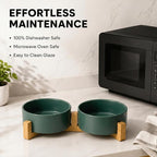 SPUNKYJUNKY Ceramic Dog and Cat Bowl with Wood Stand Non-Slip Matte Glaze Weighted Food Water Set for Cats &Small Dogs 13.5 OZ Green