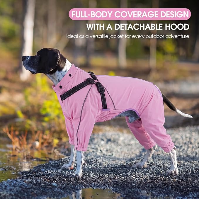 QBLEEV Lightweight Dog Windbreaker, Waterproof Outdoor Jacket, Pink, 3XL | Waterproof & windproof | built-in harness | easy on and off with dual closure | reflective safety strips | detachable hood