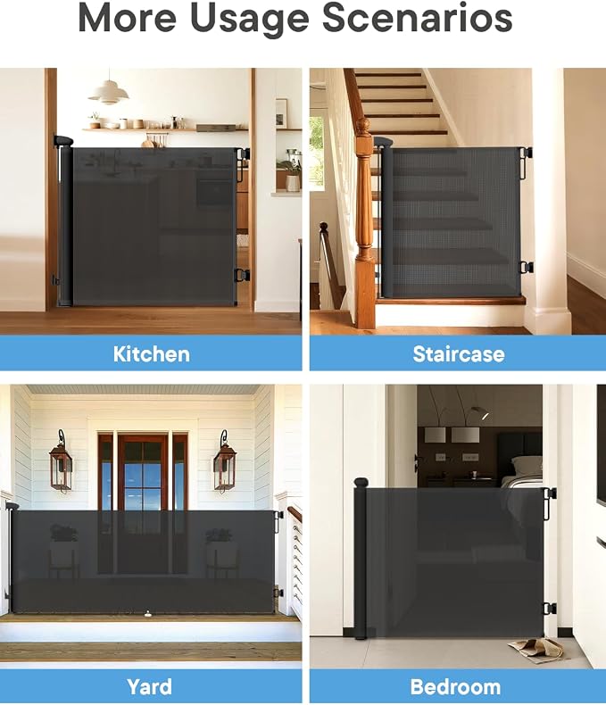 Retractable Baby Gates, 34" Tall Fits Up to 55" Wide, Black | No Bottom Bar Mesh Baby & Pet Gate with Anti-Crawling Hook, One-Hand Operation, Safety Lock for Stair, Doorway,Indoor/Outdoor