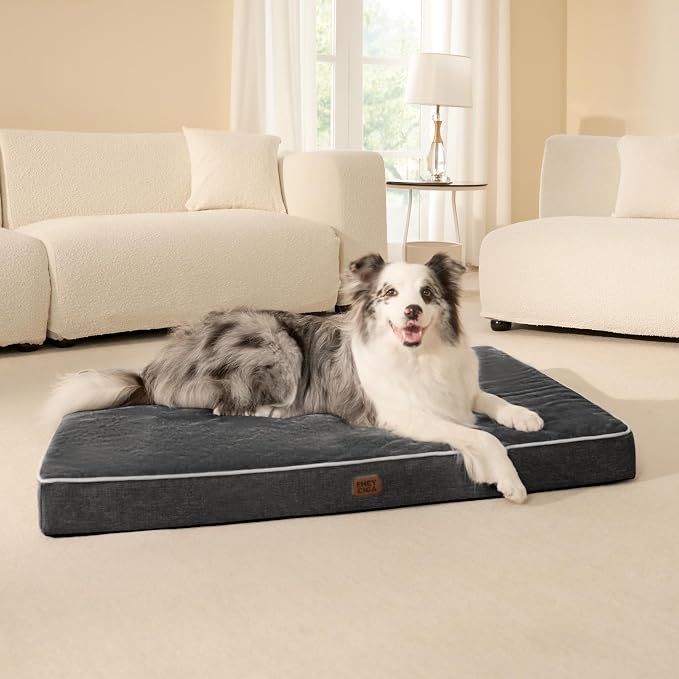 EHEYCIGA Extra Large Memory Foam Dog Bed Mat, 44x32Inch, Dark Grey | High Density Egg Crate Foam, Waterproof Liner, Washable Removable Cover, Non-Slip Bottom, Fits Floor, Camping, Sofa and Car