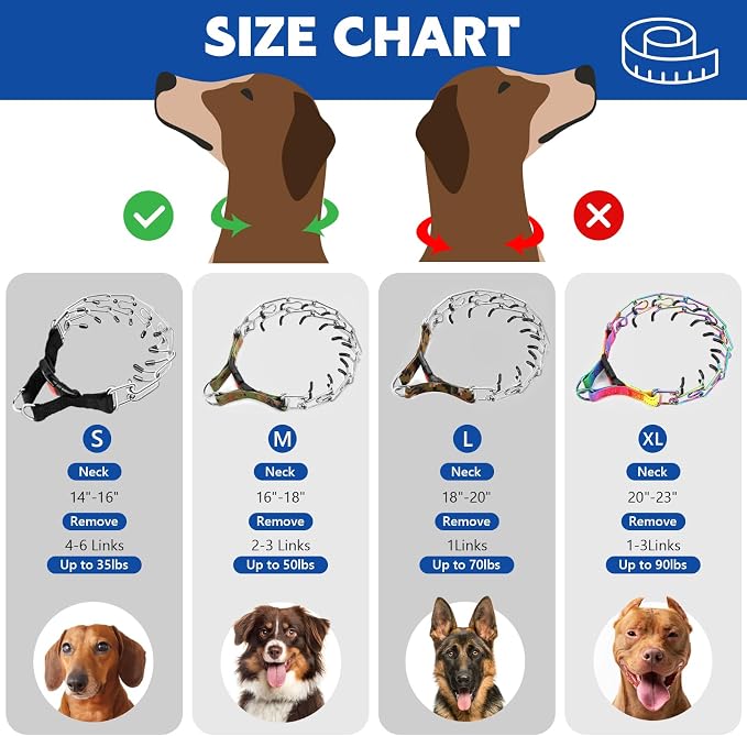 Supet Prong Collar for Dogs, Adjustable Dog Pinch No Pull Training Collar with Quick Release Buckle, Rubber Tips and Extra Links for Small Medium Large Dogs