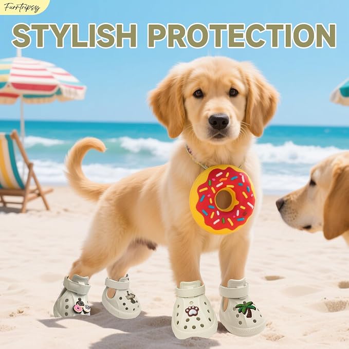 Dog Shoes,Non-Slip Waterproof Sandals for Hot Pavement, Breathable Perforated Boots,Adjustable Straps Dog Rain Booties for Summer Beach and Rainy Day(Beige,#7)