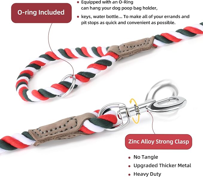 Mile High Life Rainbow Dog Leash Braided Cotton Rope w Leather-Wrapped Ends | Rust-proof 360° swivel clasp, Heavy-duty for medium/large breeds. Great for weddings, daily walks (5FT, 1/2", Red/Green)