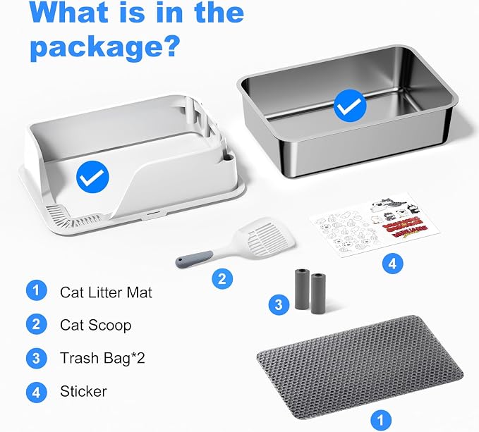Non-Stick Stainless Steel Litter Box, XL Side Open Splash-Proof (White) | Leak-Proof Seamless Seal, Ellenpent Large Capacity, Cat Litter Box with Lid for Multi-Cats, Easy-Clean & Durable