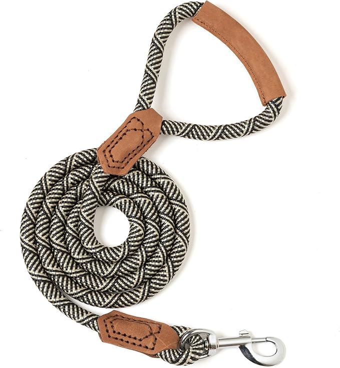 Mile High Life Dog Leash with Genuine Leather Handle, 6 FT/5 FT/4 FT | Leather Grip Rope Leash, Heavy Duty 360° Swivel Metal Clasp, for Small Medium & Large Dogs