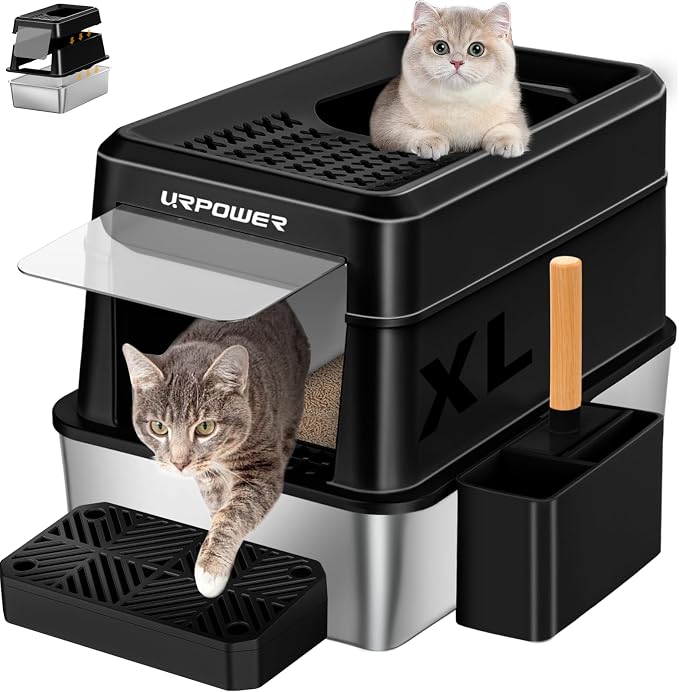 URPOWER Extra Large Stainless Steel Litter Box with Lid for Large Cats | Non-Stick Metal Pan, Front & Top Entry, Odor Control, Anti-Leakage, Easy to Clean, Step and Scoop Included