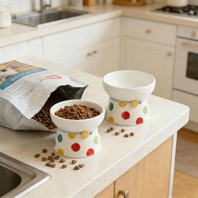 Elevated Ceramic Cat Bowls, 15°Raised Cat Food Bowl,Whisker Friendly Anti Vomiting Cats Dishes,Anti Vomiting&Protect Pet's Spine,Feeder Dish for Indoor Kitty and Small Dogs (Polka dot Tall cat Bowl)