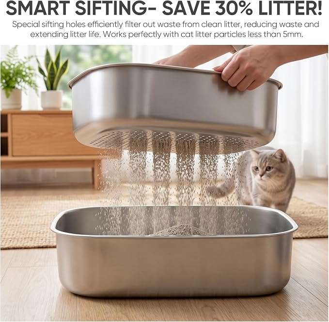 Stainless Steel Sifting Litter Box with Lid | 3-Second Cleanup, No Scooping Needed ,Premium Stainless Steel, Odor & Non-Stick,High-Density Sifting, Saves 30% Litter