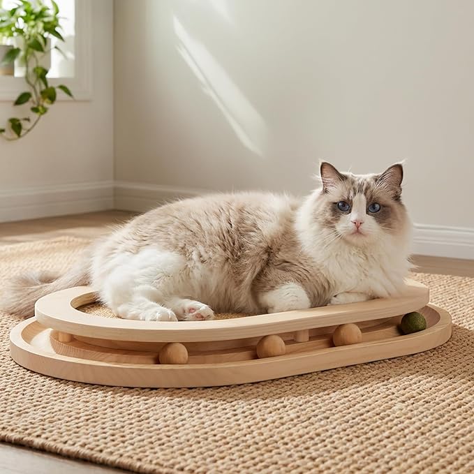 Cat Scratcher, Sisal Scratch Pad with Interactive Ball Track | No Assembly, Natural Sisal, Solid Base, Track with 3 Wooden Balls + 1 Catnip Ball, No Slip Pads, for Cat Exercise Sleep Chase
