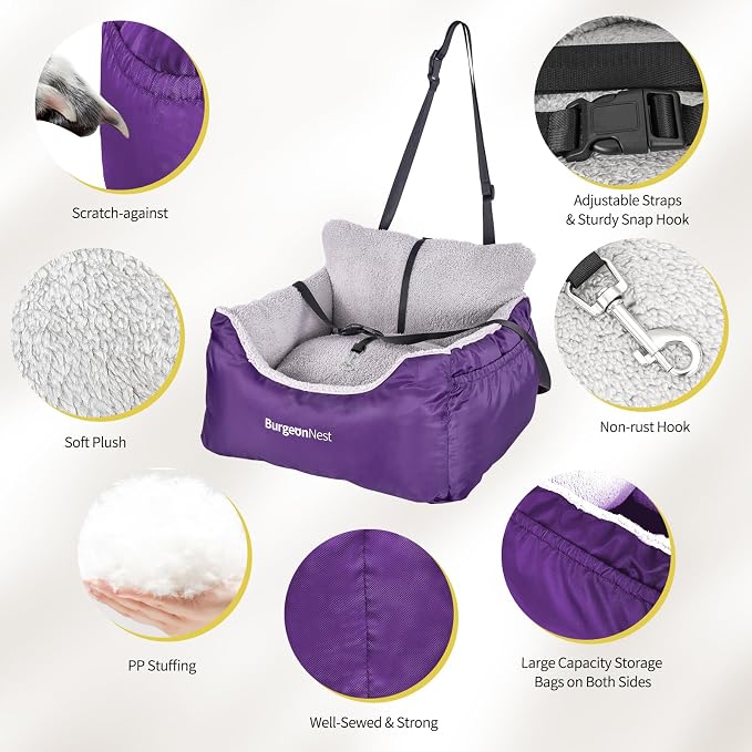 BurgeonNest Dog Car Seat for Small Dogs & Cats Under 25 lbs, Purple