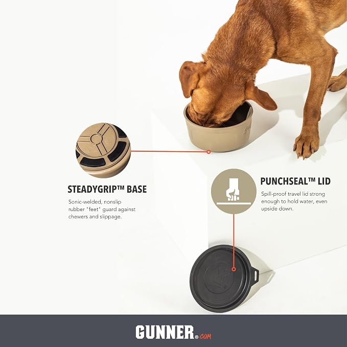 Dog Bowl with Spill-Proof Travel Lid, Tan, 7-Cup Pet Travel Bowl | Tan 7-Cup Dog Bowl, Spill-Proof Travel Lid, BPA-Free, Rust-Proof, Shock-Resistant, Stackable and Dishwasher Safe