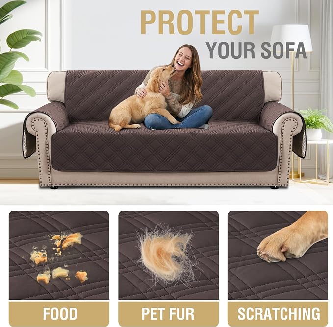 H.VERSAILTEX 100% Waterproof Sofa Covers for 3 Cushion Couch Modern Sofa Cover for Dogs XL Couch Covers for Oversized Sofa with Elastic Straps (Oversized Sofa,Chocolate/Beige)