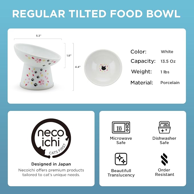 Necoichi Ceramic Raised Cat Food Bowl, 15° Tilted (Sakura, Regular Tilted)