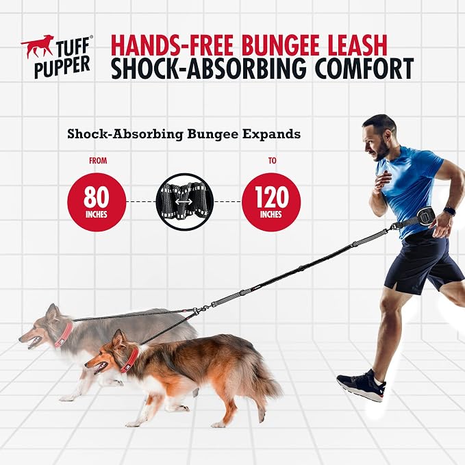 Tuff Pupper Heavy Duty Hands Free Bungee Dog Leash | Two Large Dogs Up to 250 lbs | Comfortable Shock Absorbing Bungee | Reflective Dual Padded Handles | Lumbar Waist Belt 28-50" | 360° Swivel Clips