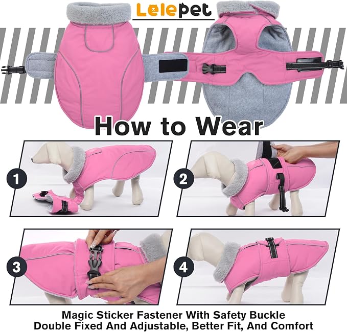 Lelepet Dog Coats for Large Dogs Waterproof Dog Jacket with Adjustable Fit | Reflective Pet Fleece Vest Hook & Loop Windproof Cold Weather Coats with Adjustable Buckle & Leash Hole, Pink, L