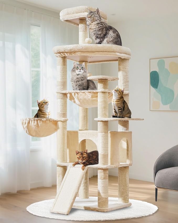 Taoqimiao Cat Tree for Large Cats, 72In Tall Cat Tower, Giant Platform | Widened Cat Condo with Large Scratch Board, 5 Scratching Posts, Metal Frame Hammcock, Cozy Basket, Beige, MS045M