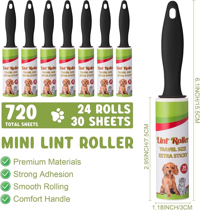 Hushee 24 Pcs Mini Lint Roller for Travel, Portable Pet Hair Remover | Small Lint Removers Bulk for Pet Hair Clothes, Small Removers, Portable Sticky Removing Tool for Furniture Dog Car Seat