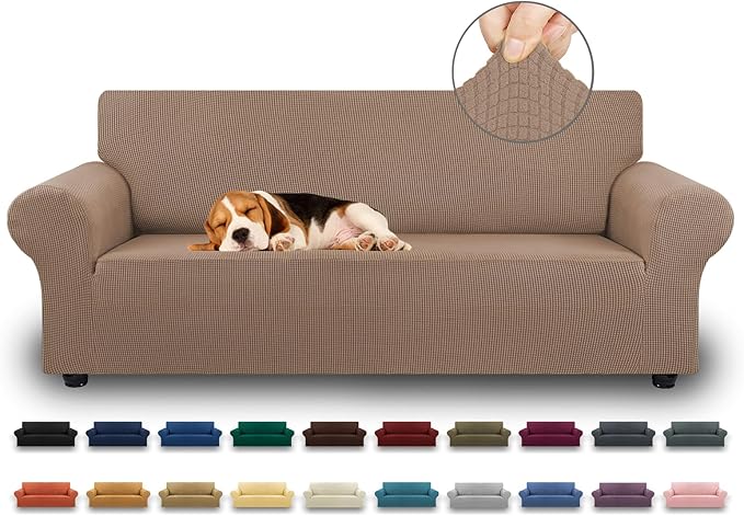 Stretch Couch Covers for Sofa, 3 Cushion Couch Slipcover,Camel | 1-Piece Washable Sofa Cover Pet Friendly(78"-94") Furniture Protector Soft Jacquard, Elastic Bottom for Dogs & Kids