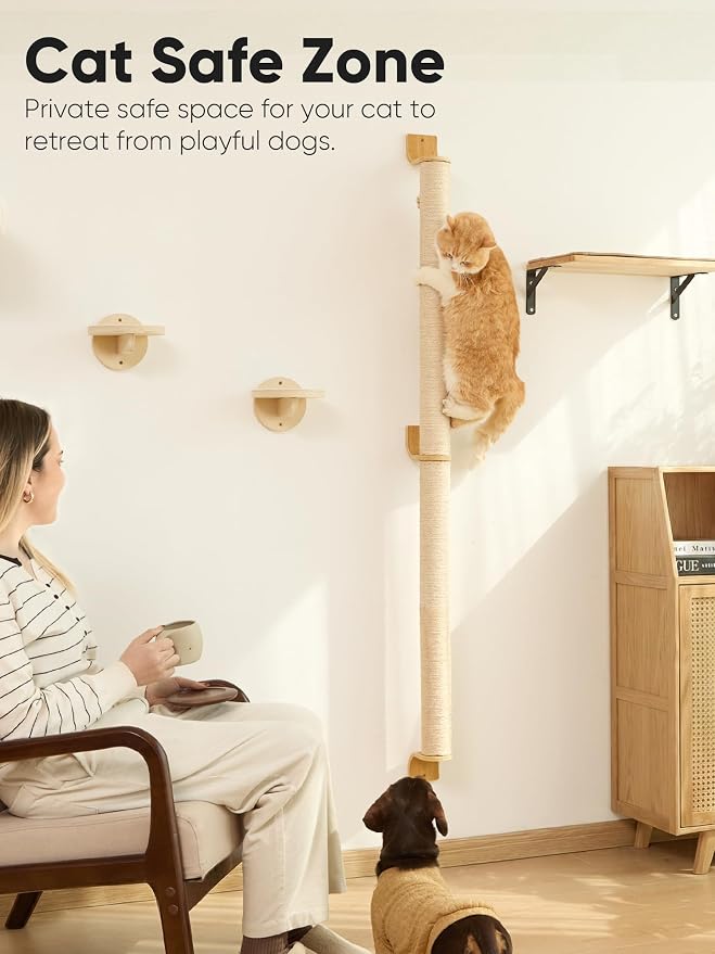 FUKUMARU Cat Wall Scratcher, 60" Tall Kitten Scratching Post | Natural Sisal Pole, Wall Mounted Climbing Tree for Indoor Large Cats