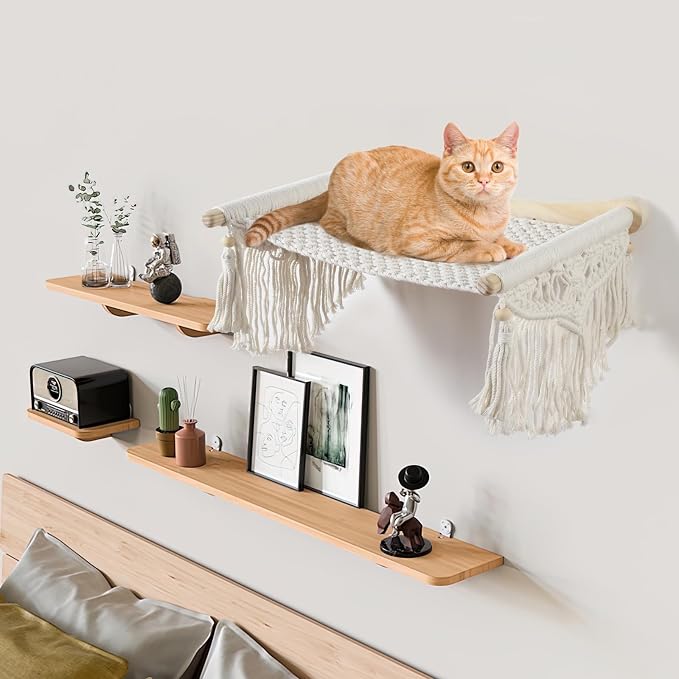Macrame Cat Wall Shelves & Hammock - Comfy Cat Beds with Window Perch for Indoor Cats, Sleeping & Climbing, Cotton Rope, Natural Wood, Maximum Hold up to 30lb, Beige White