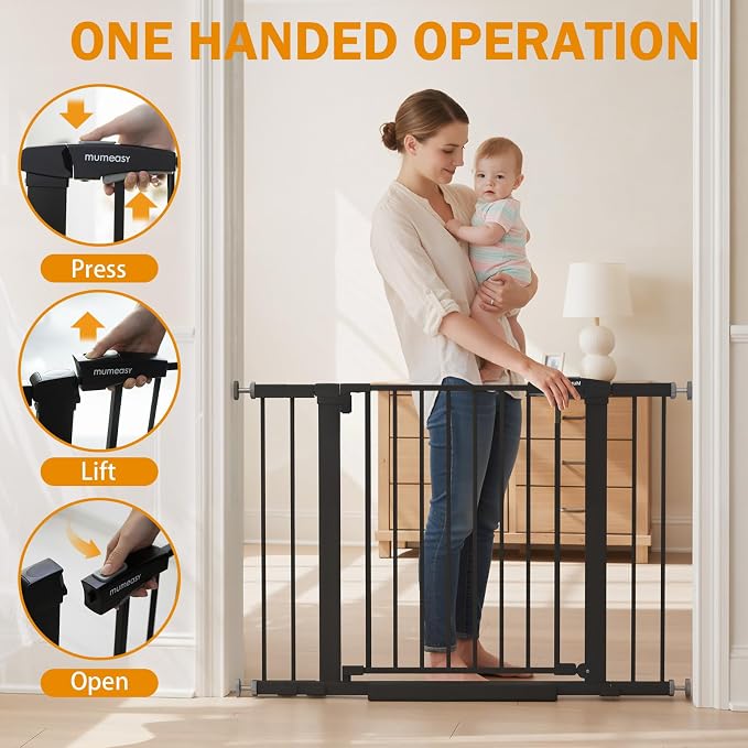 Mumeasy 29.7-43" Baby Gate, Adjustable Safety Gate for Stairs & Doorways | No drill installation, auto close door, one hand operation, adjustable width, for dogs pets babies toddlers