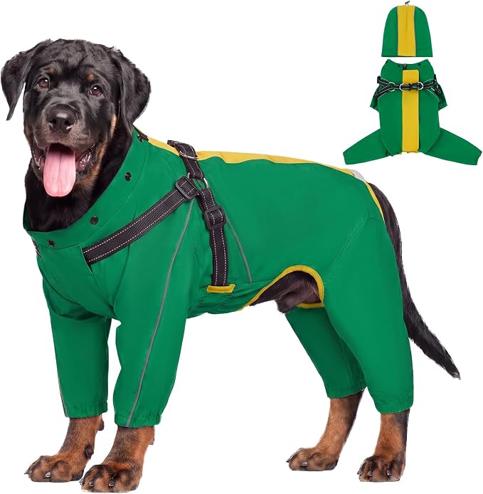 QBLEEV Lightweight Dog Windbreaker, Waterproof Outdoor Jacket, Green, 3XL | Waterproof & windproof | built-in harness | easy on and off with dual closure | reflective safety strips | detachable hood