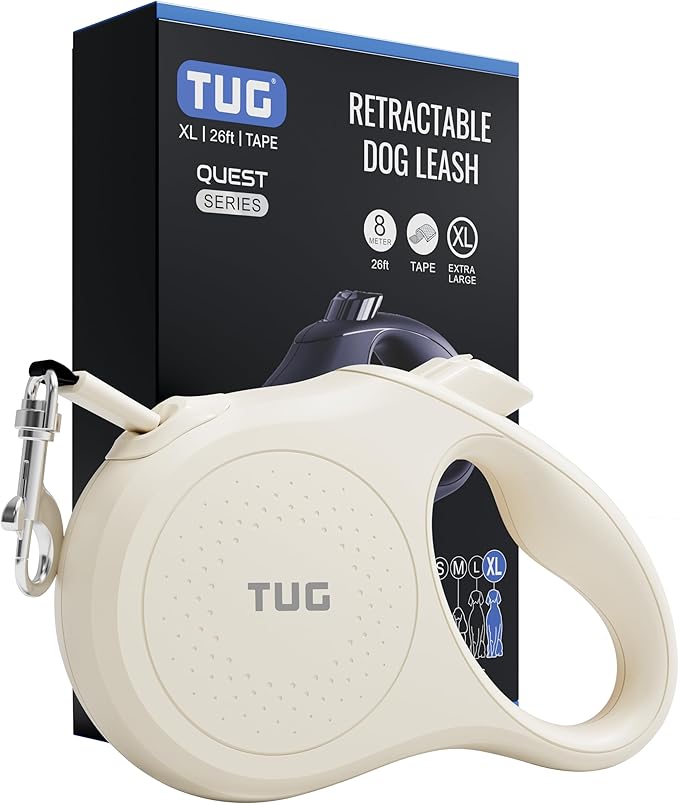 TUG Quest Retractable Dog Leash | 360° Tangle-Free | 26 ft Tape (XL, Cream) | 360° Tangle-Free Retraction, 26 ft Strong Nylon Tape