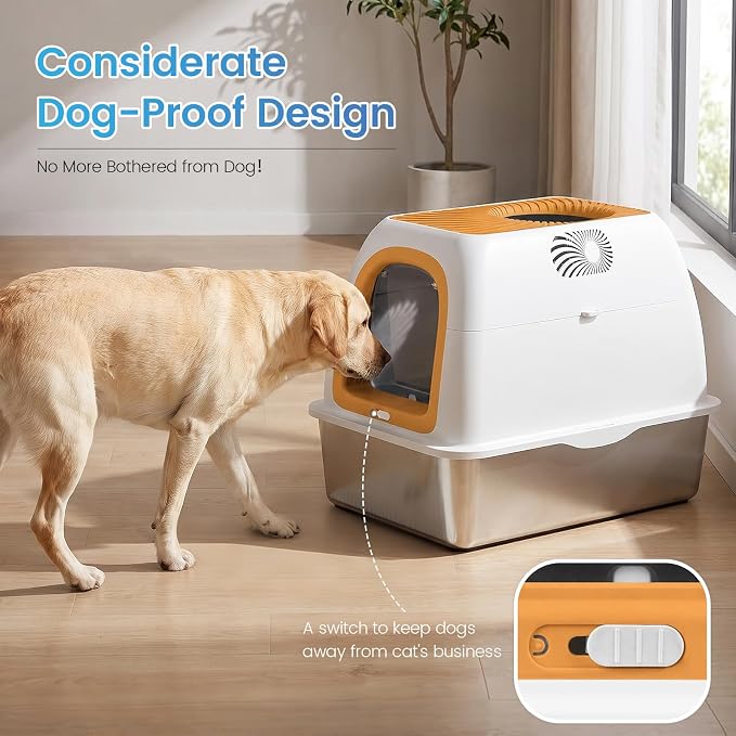 SuzziPaws Stainless Steel Litter Box Dog-Proof Leak-Proof for Multi-Cats | XL Orange Hooded Top-Entry with Filter Lid & Scoop, Cat Litter Box High Walls Prevent Spills, Ideal for Multi-Cats