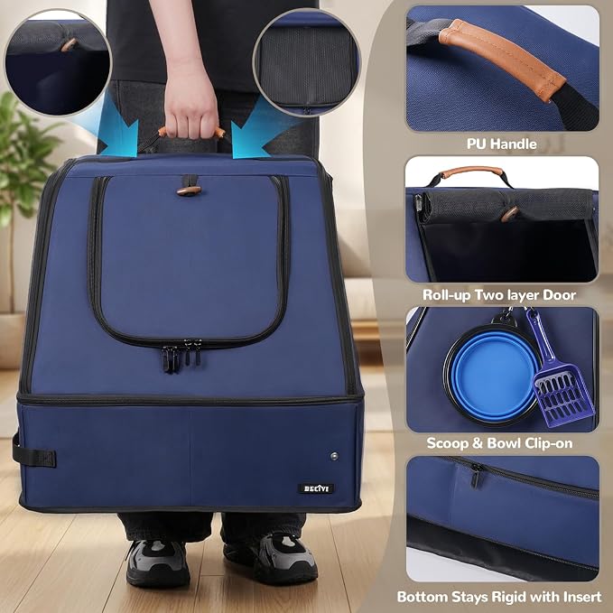 Portable Cat Travel Litter Box with Lid,No Collapse with Hard Base Insert at Bottom, Leak-Proof & Foldable, Easy Clean Odor-Control Cat Travel Essentials for Car, Hotel, Airplane, Camping,Trips Navy