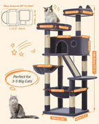 Taoqimiao Sturdy Cat Tree, 58In Cat Tower for Indoor Cats Large Adult | Spacious Cat Condo, 2 Cute Perches, Metal Frame Hammock, 1 Scratch Board, 8 Natural Sisal Posts, Basket, Smoky Gray, MS026G