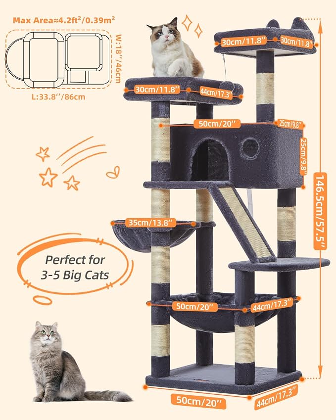 Taoqimiao Sturdy Cat Tree, 58In Cat Tower for Indoor Cats Large Adult | Spacious Cat Condo, 2 Cute Perches, Metal Frame Hammock, 1 Scratch Board, 8 Natural Sisal Posts, Basket, Smoky Gray, MS026G