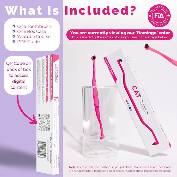 Flamingo Dual Sided Cat Toothbrush - Micro Head ToothBrush to fit into Cat's Mouth - Cat Dental Supplies | Cat toothbrush made from cornstarch plastic with micro head, soft bristles, and molar pick for cats and kittens