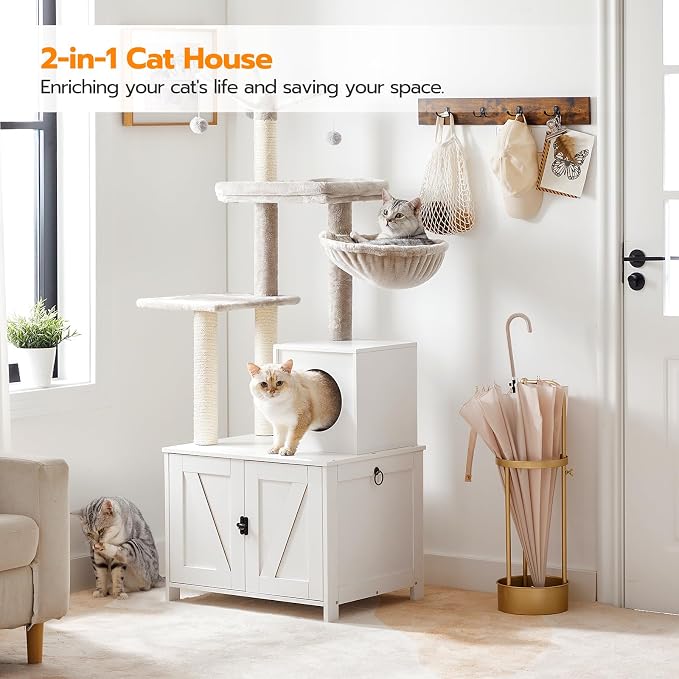 HOOBRO Cat Tree Tower with Litter Box Enclosure for Indoor, Wooden Cat Condo with Scratching Posts, Litter Box Furniture Hidden, All-in-One Cat House, White WT15MZ03