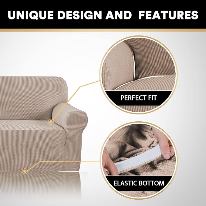 Stretch Sofa Cover Slipcover Couch Covers for 3 Cushion Couch Furniture Protector Sofa Covers with Non Slip Elastic Bottom Dogs Pet Friendly Fitted(Large Sofa 90"-100",Sand)