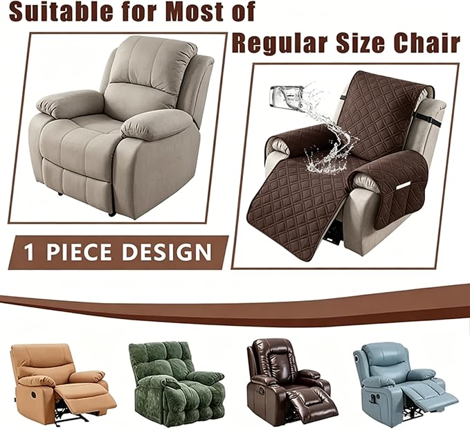 100% Waterproof Recliner Chair Cover, Non-Slip Washable Recliner Slipcover with Elastic Straps & Side Pocket, Stay in Place Furniture Protector for Dogs Cats Kids(Chocolate, 23)