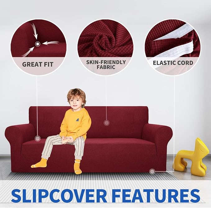 MAXIJIN Super Stretch Couch Cover for 3 Cushion Couch, 1-Piece Universal Sofa Covers Living Room Jacquard Spandex Furniture Protector Dogs Pet Friendly Fitted (Large, Wine Red)