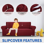 MAXIJIN Super Stretch Couch Cover for 3 Cushion Couch, 1-Piece Universal Sofa Covers Living Room Jacquard Spandex Furniture Protector Dogs Pet Friendly Fitted (Large, Wine Red)