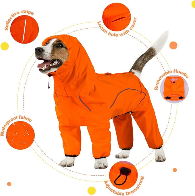 ADINIKIA Dog Raincoat,Waterproof Rain Jacket with Removable Hood,Orange S | Leash Hole/ Reflective Stripe/Adjustable 4 Legs Rainsuit/Full Coverage/ Snowproof Windproof/ For Small to 3X-Large Dogs