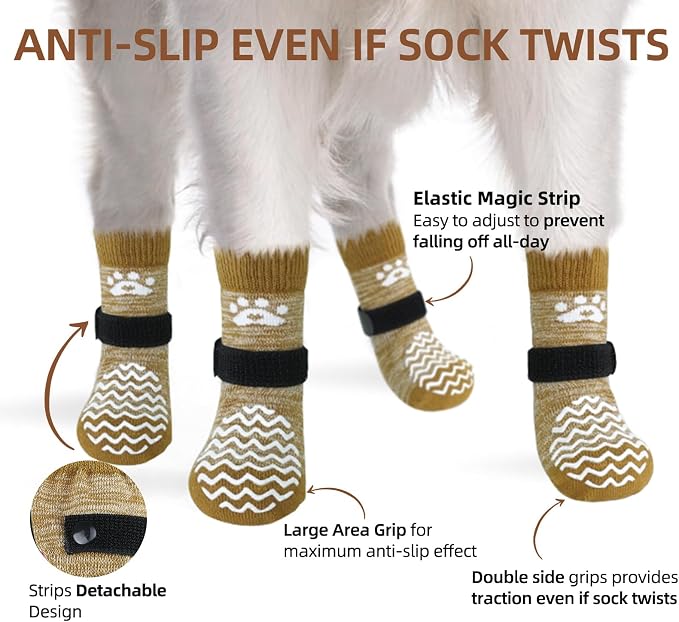 PUPTECK Anti Slip Dog Socks with Double Grippers for Hardwood Floors, Shoes for Hot/Cold Pavement, Boots & Paws Protectors to Prevent Licking, Traction Booties for Senior Small Large Dogs