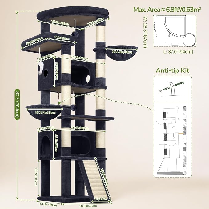 Globlazer Extra Large Heavy Duty Cat Tree, 80in Tall Sturdy Cat Tree Tower for Multiple Indoor Cats Large Adult with Scratching Posts, 2 Spacious Condos with Padding, 2 Soft Perches, S80C, Dark Grey