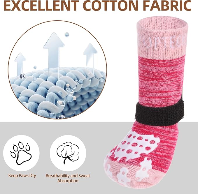 PUPTECK Anti-Slip Dog Socks with Double Sides Grips for Small Medium Large Dogs Hardwood Floors Prevents Licking, Dog Shoes for Hot Pavement Traction Control for Senior Dogs, Fuschia, L