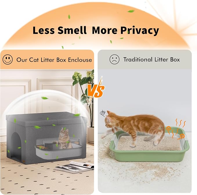 Zerbuger Cat Litter Box Enclosure Furniture for Odor Control | Hidden Cabinet Cats Litter Ottoman With Flip-Up Lid,Cat Litter Box Bench With Storage Space, Dog Proof(Grey, X-Large)