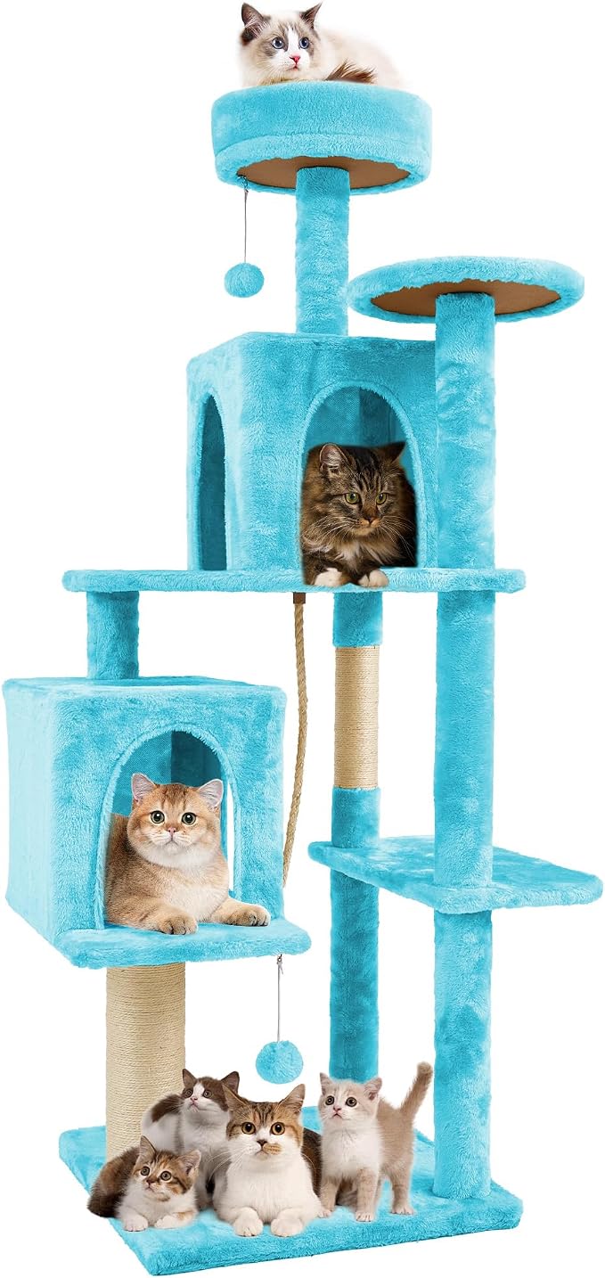 58.5inch Large Cat Tree Tower Condo for Indoor Cats, Soft Plush Multi-Level Climbing Tree Cat House, Scratching Post, More Entrance/Exit, Sisal Rope, Peacock Blue