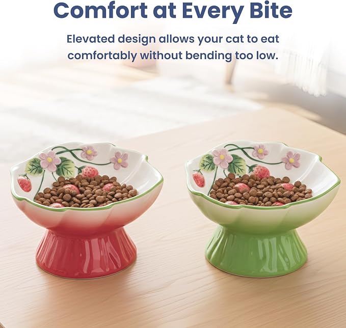 Strawberry Blooms Elevated Ceramic Cat Bowl, Green | Raised Cat Food Bowl with 15° Tilt, Whisker-Friendly Pet Feeding Bowl, Anti-Choking Dish, Dishwasher Safe